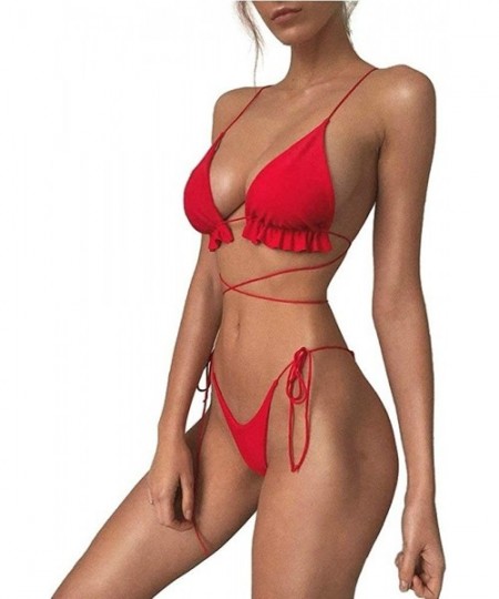 Sets Women Striped Triangle Bikini Sets Female Top Tie Side Bottom Padded Swimsuit - Red - CM18DO20E2X