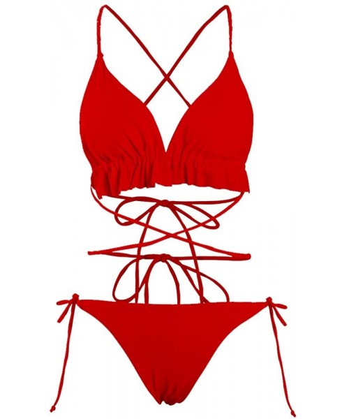 Sets Women Striped Triangle Bikini Sets Female Top Tie Side Bottom Padded Swimsuit - Red - CM18DO20E2X