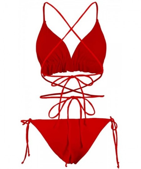 Sets Women Striped Triangle Bikini Sets Female Top Tie Side Bottom Padded Swimsuit - Red - CM18DO20E2X