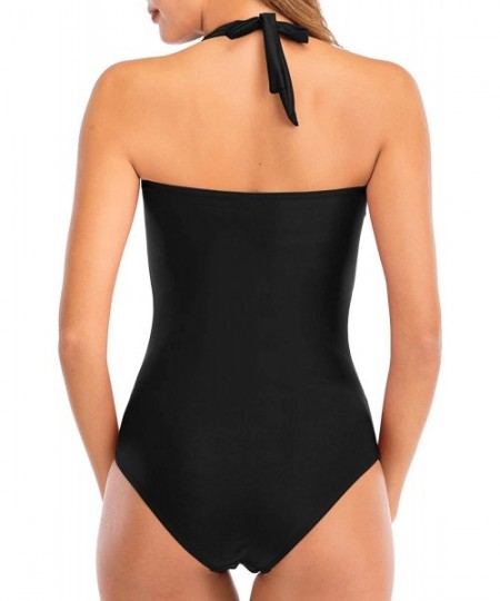 One-Pieces Tummy Control Swimsuits for Women Halter 1 Piece Swimwear Vintage Bathing Suit - Black - CI1924CK3T5