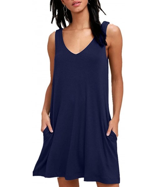 Cover-Ups Women Summer Casual V Neck T Shirt Dresses Beach Cover up Plain Tank Dress - Navy - CU18EL4YKCG