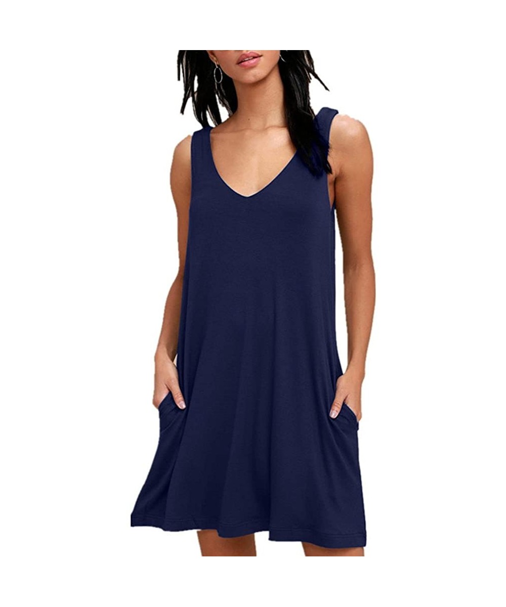 Cover-Ups Women Summer Casual V Neck T Shirt Dresses Beach Cover up Plain Tank Dress - Navy - CU18EL4YKCG