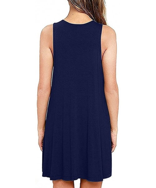 Cover-Ups Women Summer Casual V Neck T Shirt Dresses Beach Cover up Plain Tank Dress - Navy - CU18EL4YKCG