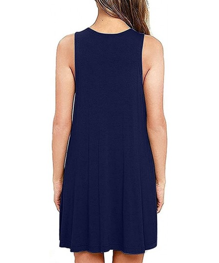 Cover-Ups Women Summer Casual V Neck T Shirt Dresses Beach Cover up Plain Tank Dress - Navy - CU18EL4YKCG