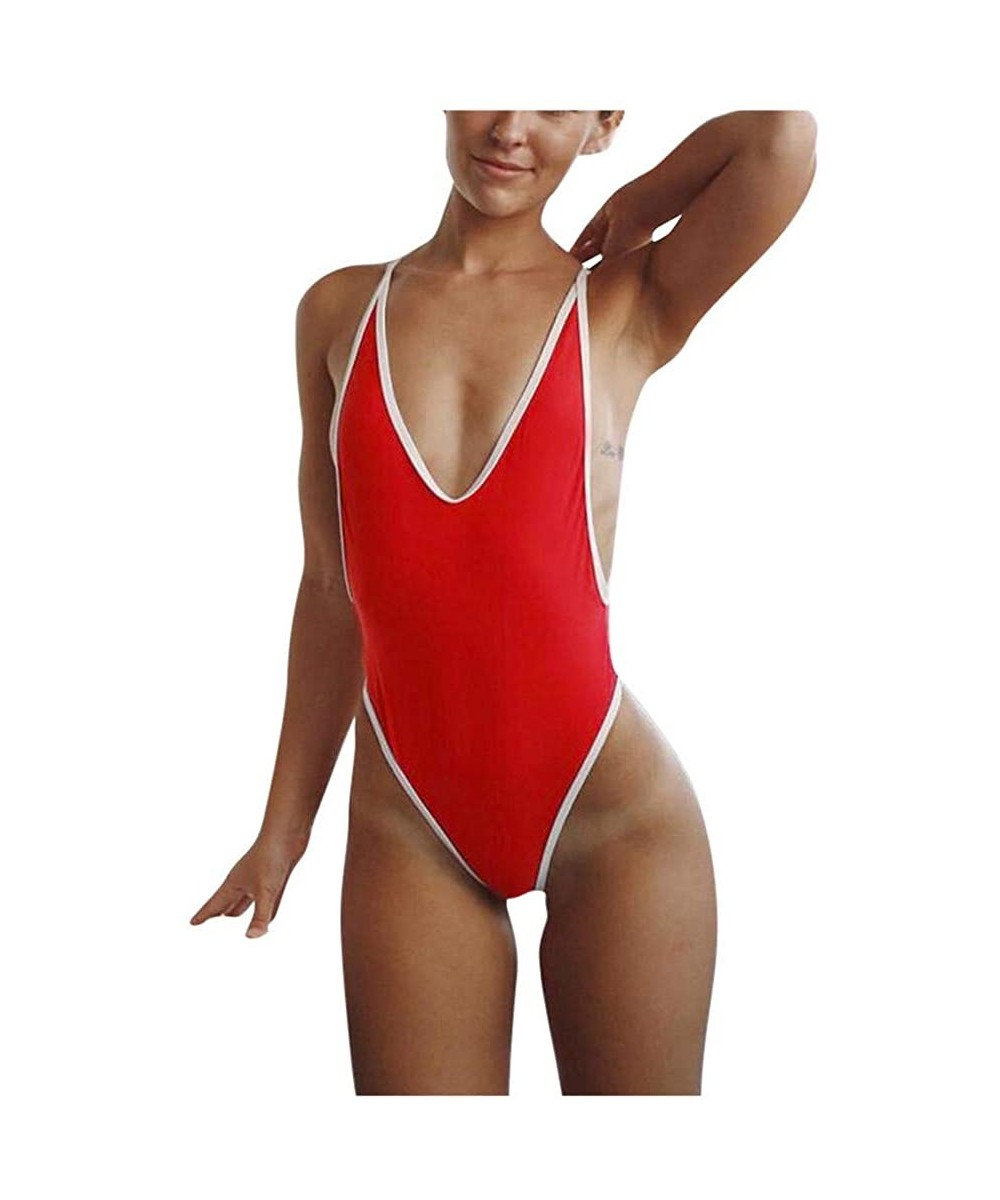 Rash Guards Women Tie Halter Swim Jumpsuit Push-Up Padded Bra Bikini One Piece Sut Out Swimwear Bathing Suit - Red - CW18NY68YKN