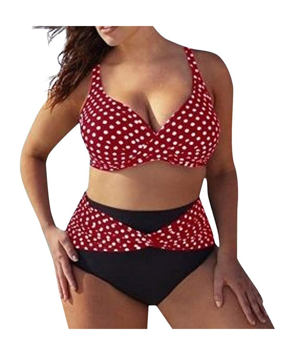 One-Pieces Swimsuits for Women Two Piece Bathing Suits Ruffled Flounce Top with High Waisted Bottom Bikini Set - B-red - C219...