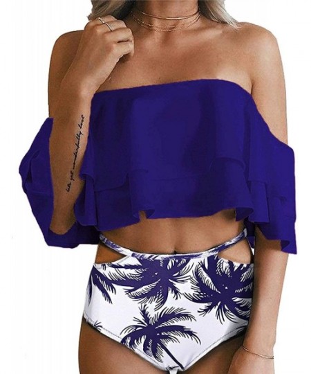 Sets Women Bathing Suit 2pc Sets Ruffled Off Shoulder Bikini Top Print Cut Out Shorts - Blue Tree - CO18T3S7TMT