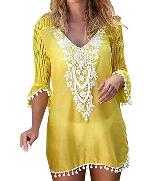 Tops Swimsuit Cover Ups for Women Pom Pom Trim Tassel Lace Crochet Swimwear Beach Cover Up - Yellow - CK196OWMIZ8