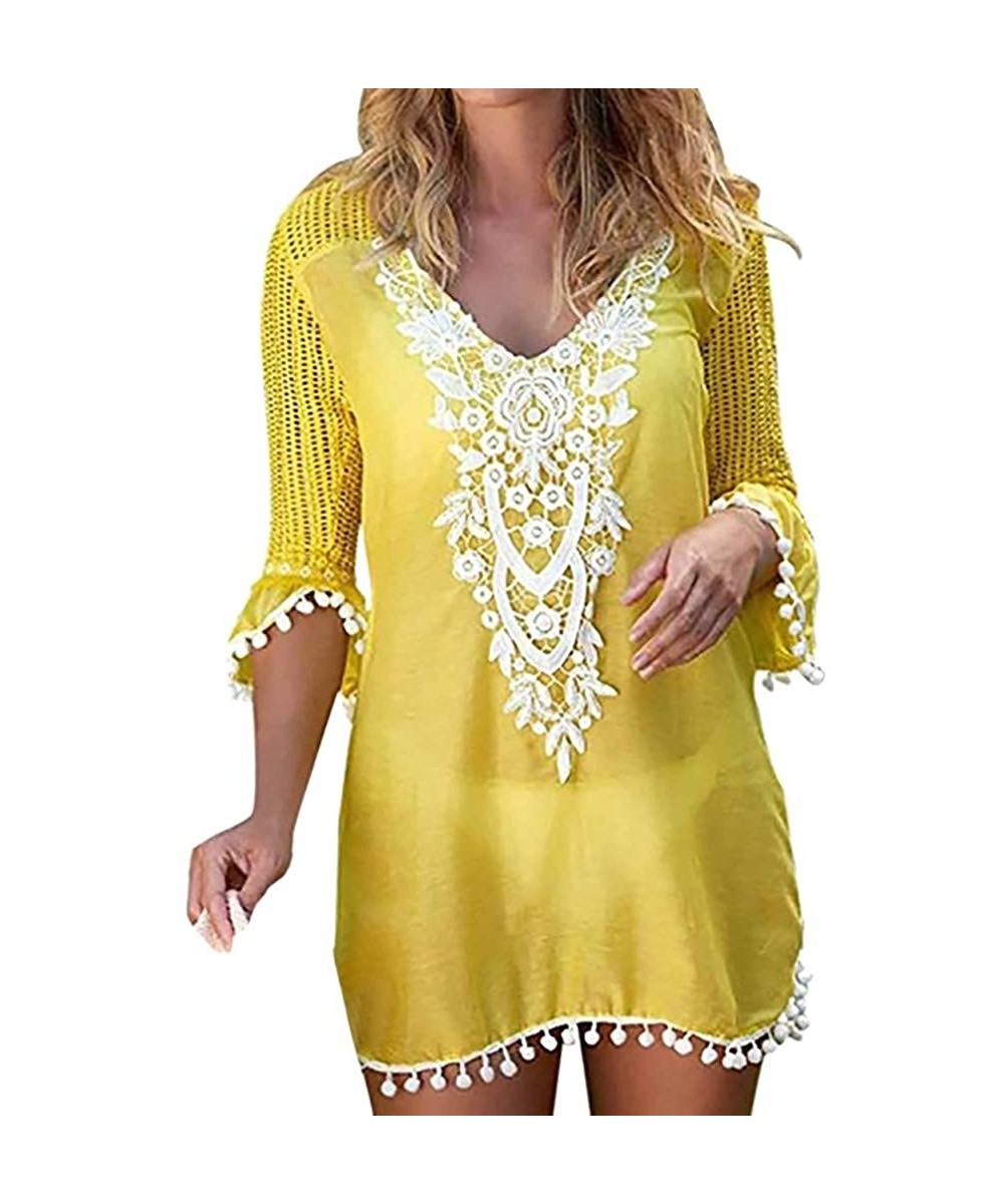 Tops Swimsuit Cover Ups for Women Pom Pom Trim Tassel Lace Crochet Swimwear Beach Cover Up - Yellow - CK196OWMIZ8