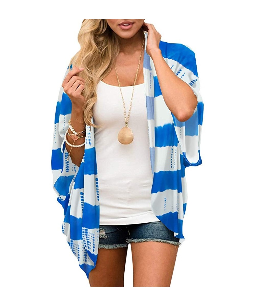 Cover-Ups Women's Floral Print Kimono Sheer Chiffon Loose Cardigan - 02-blue Stripes - C819CZN85MY