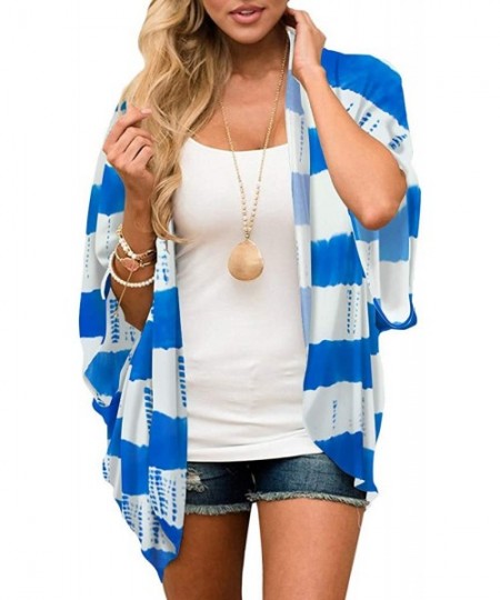 Cover-Ups Women's Floral Print Kimono Sheer Chiffon Loose Cardigan - 02-blue Stripes - C819CZN85MY