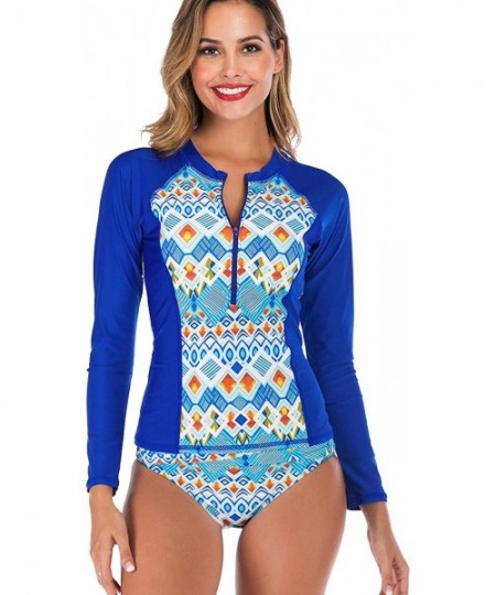 Rash Guards Women Rash Guard Long Sleeve Half Zipper Long Sleeve Swim with Built in Bra UPF 50 Printed - Blue 6605 - CL196XZY7Z2