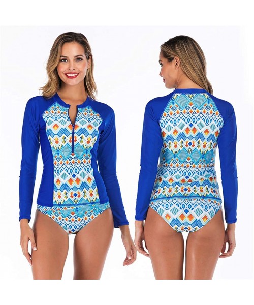 Rash Guards Women Rash Guard Long Sleeve Half Zipper Long Sleeve Swim with Built in Bra UPF 50 Printed - Blue 6605 - CL196XZY7Z2