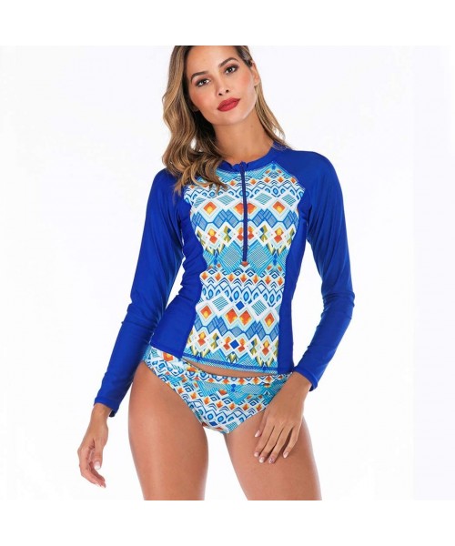 Rash Guards Women Rash Guard Long Sleeve Half Zipper Long Sleeve Swim with Built in Bra UPF 50 Printed - Blue 6605 - CL196XZY7Z2