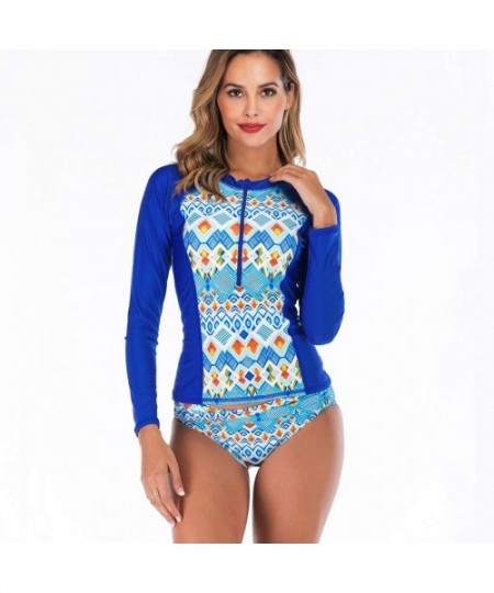 Rash Guards Women Rash Guard Long Sleeve Half Zipper Long Sleeve Swim with Built in Bra UPF 50 Printed - Blue 6605 - CL196XZY7Z2