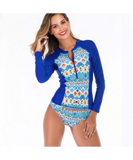 Rash Guards Women Rash Guard Long Sleeve Half Zipper Long Sleeve Swim with Built in Bra UPF 50 Printed - Blue 6605 - CL196XZY7Z2