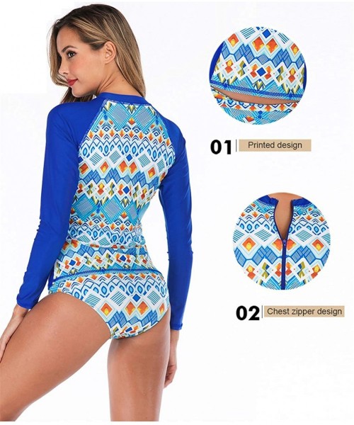 Rash Guards Women Rash Guard Long Sleeve Half Zipper Long Sleeve Swim with Built in Bra UPF 50 Printed - Blue 6605 - CL196XZY7Z2