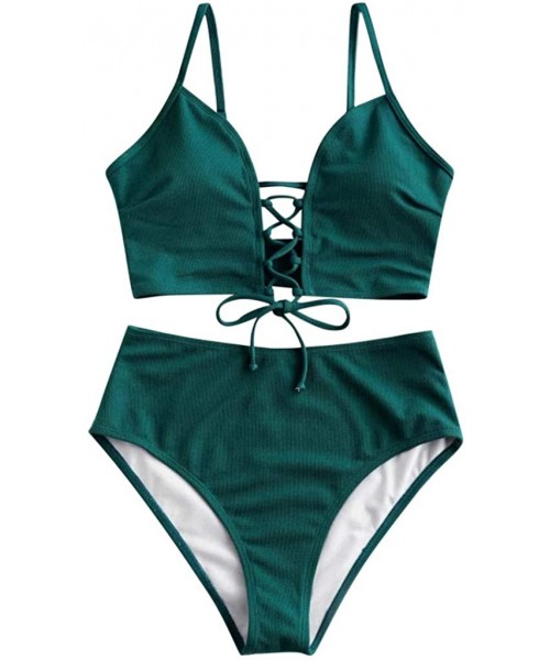 Sets Women's Sexy Mid Waisted Bikini Set Lace Up Two Piece Swimsuits - Green - CF196DH82XZ