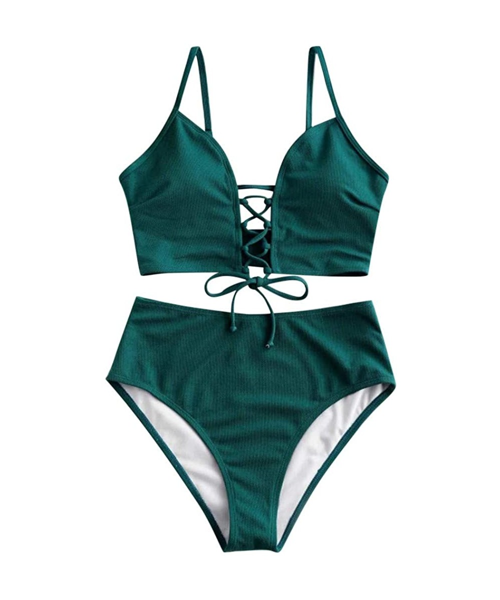 Sets Women's Sexy Mid Waisted Bikini Set Lace Up Two Piece Swimsuits - Green - CF196DH82XZ