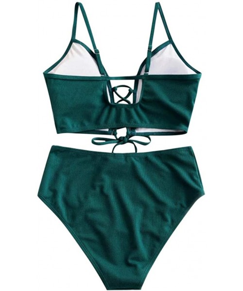 Sets Women's Sexy Mid Waisted Bikini Set Lace Up Two Piece Swimsuits - Green - CF196DH82XZ