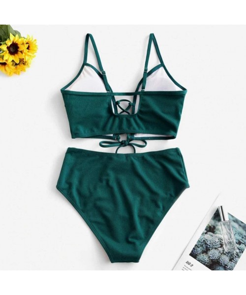 Sets Women's Sexy Mid Waisted Bikini Set Lace Up Two Piece Swimsuits - Green - CF196DH82XZ