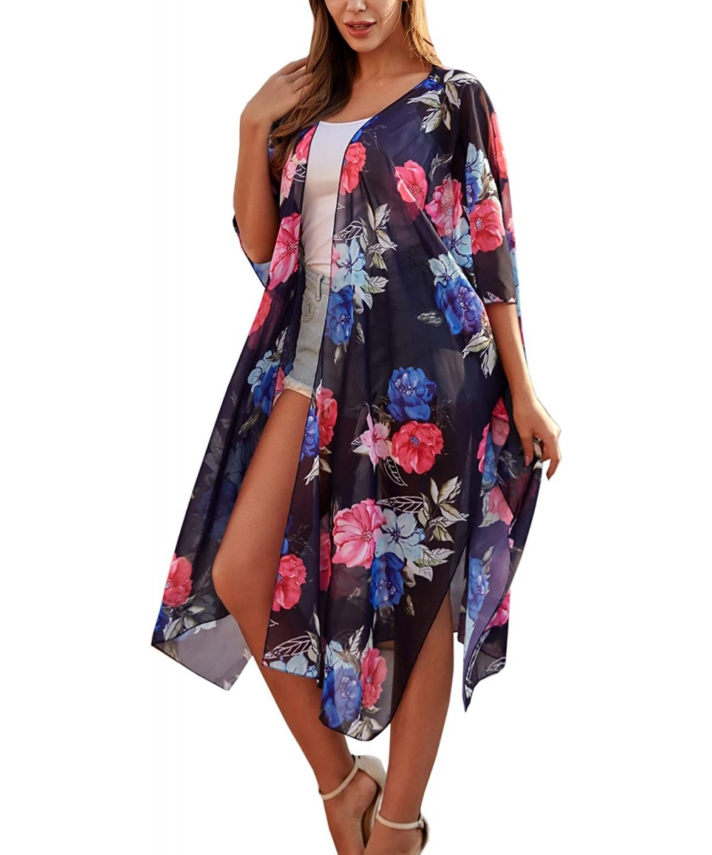 Cover-Ups Women's Sheer Chiffon Floral Kimono Cardigan Long Blouse Loose Tops Outwear - H13 - C918SKGCYR3