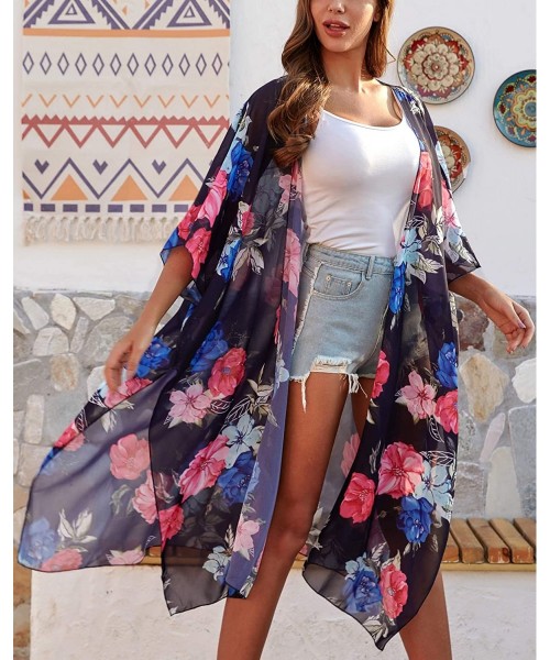 Cover-Ups Women's Sheer Chiffon Floral Kimono Cardigan Long Blouse Loose Tops Outwear - H13 - C918SKGCYR3