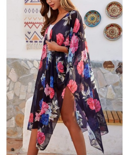 Cover-Ups Women's Sheer Chiffon Floral Kimono Cardigan Long Blouse Loose Tops Outwear - H13 - C918SKGCYR3