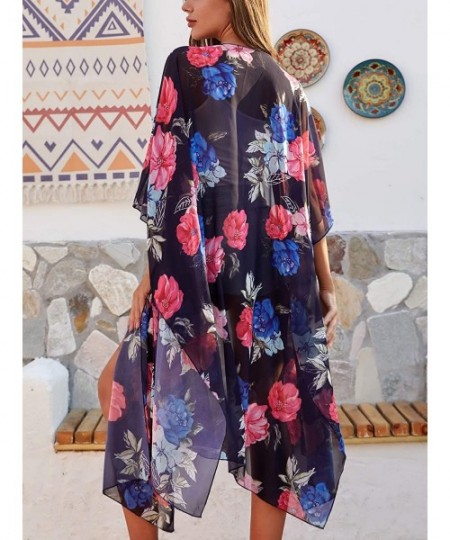 Cover-Ups Women's Sheer Chiffon Floral Kimono Cardigan Long Blouse Loose Tops Outwear - H13 - C918SKGCYR3