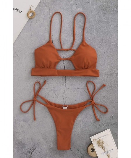 Sets Womens Triangle Swimsuits Brazilian Thong Bikini Set Tie Knot Bathing Suit Two Piece Swimwear - Reddish Brown - CE194XRMTND