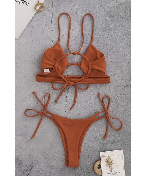 Sets Womens Triangle Swimsuits Brazilian Thong Bikini Set Tie Knot Bathing Suit Two Piece Swimwear - Reddish Brown - CE194XRMTND