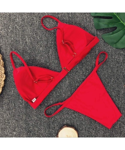 Bottoms Women's Swimwear Sexy Solid Color Push-ups Thicken Swimwear Beach Bikini Set Beachwear - Red - C618TAAU3W7