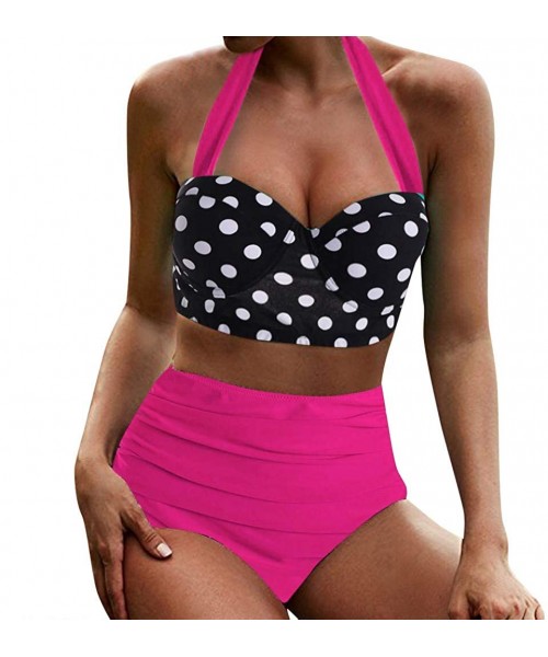 Tankinis Swimsuits for Women- Women Vintage Swimsuit Two Piece Retro Halter Ruched High Waist Bikini Set - Z-pink - C91960XDYKZ