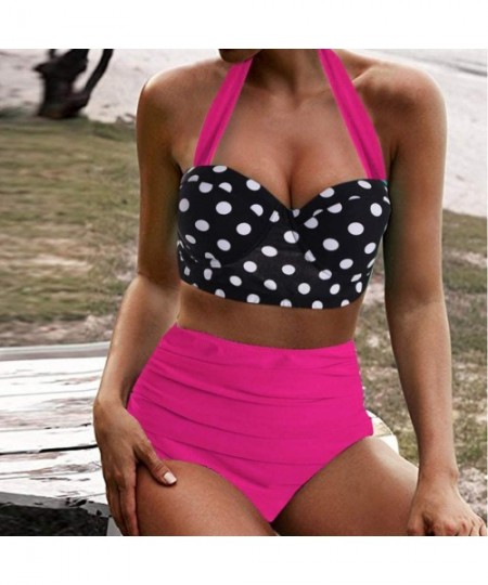 Tankinis Swimsuits for Women- Women Vintage Swimsuit Two Piece Retro Halter Ruched High Waist Bikini Set - Z-pink - C91960XDYKZ