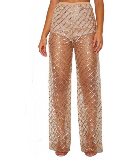 Cover-Ups Women's Perspective Sheer Mesh Ruffle Pants Swimsuit Bikini Bottom Cover up Pants - Z-champagne - C9193ILUDMS