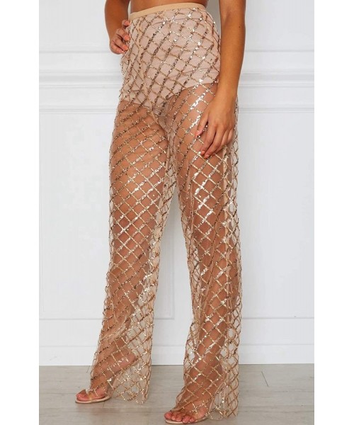 Cover-Ups Women's Perspective Sheer Mesh Ruffle Pants Swimsuit Bikini Bottom Cover up Pants - Z-champagne - C9193ILUDMS