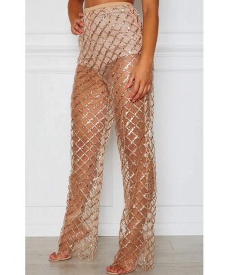 Cover-Ups Women's Perspective Sheer Mesh Ruffle Pants Swimsuit Bikini Bottom Cover up Pants - Z-champagne - C9193ILUDMS