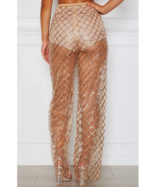 Cover-Ups Women's Perspective Sheer Mesh Ruffle Pants Swimsuit Bikini Bottom Cover up Pants - Z-champagne - C9193ILUDMS