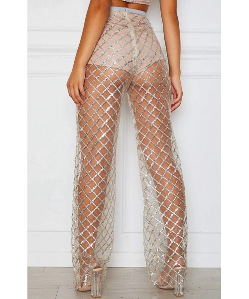 Cover-Ups Women's Perspective Sheer Mesh Ruffle Pants Swimsuit Bikini Bottom Cover up Pants - Z-champagne - C9193ILUDMS