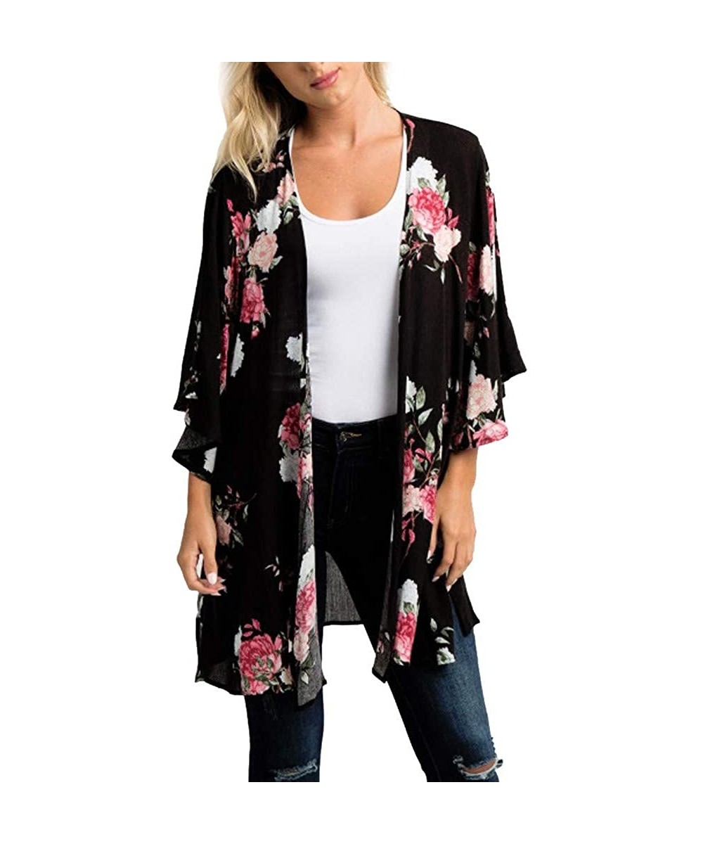 Cover-Ups Women Fashion Casual Chiffon Shawl Floral Print 3/4Sleeve Kimono Cardigan Top Cover Up Loose Blouse Beachwear Black...