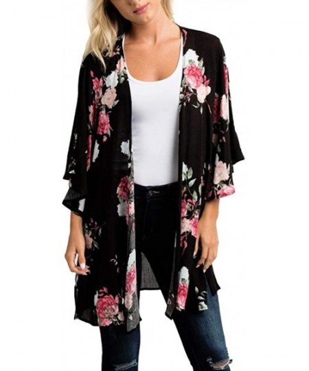 Cover-Ups Women Fashion Casual Chiffon Shawl Floral Print 3/4Sleeve Kimono Cardigan Top Cover Up Loose Blouse Beachwear Black...