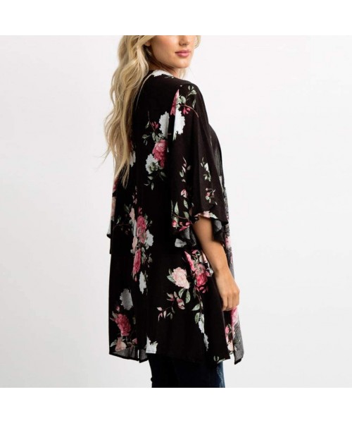 Cover-Ups Women Fashion Casual Chiffon Shawl Floral Print 3/4Sleeve Kimono Cardigan Top Cover Up Loose Blouse Beachwear Black...