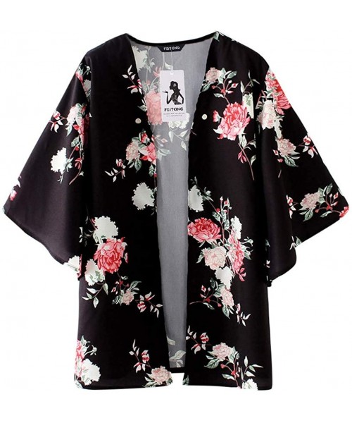 Cover-Ups Women Fashion Casual Chiffon Shawl Floral Print 3/4Sleeve Kimono Cardigan Top Cover Up Loose Blouse Beachwear Black...