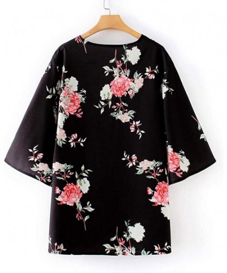 Cover-Ups Women Fashion Casual Chiffon Shawl Floral Print 3/4Sleeve Kimono Cardigan Top Cover Up Loose Blouse Beachwear Black...