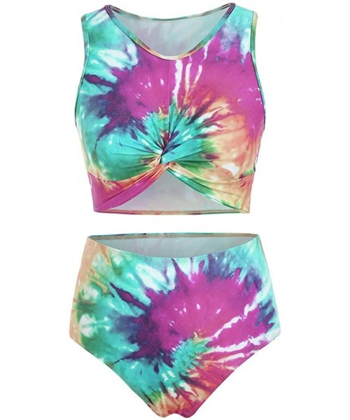 Cover-Ups Twist Front Tie Dye Scoop Neck Tankini Swimsuit - Multi-b - CR19720WADC