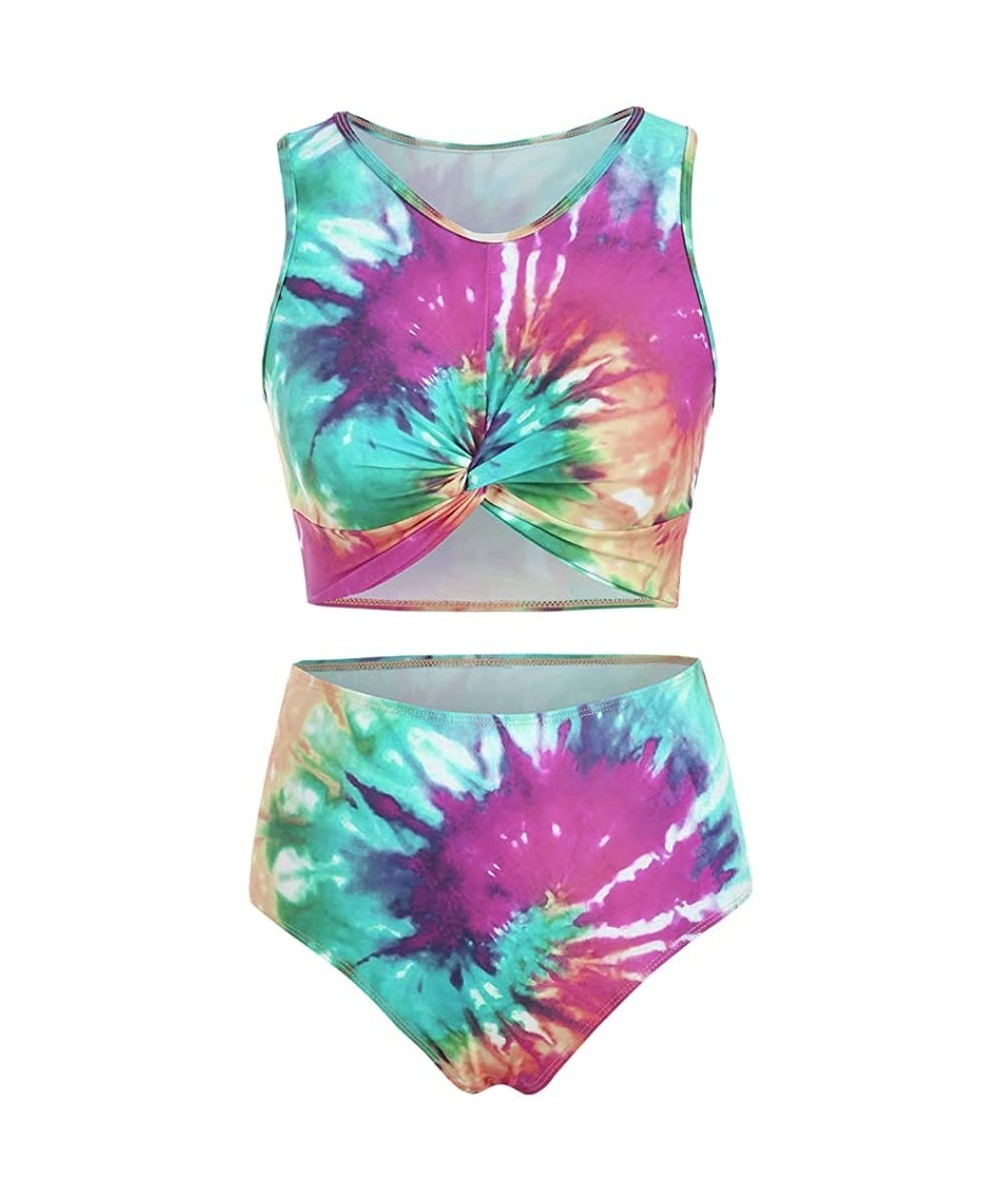 Cover-Ups Twist Front Tie Dye Scoop Neck Tankini Swimsuit - Multi-b - CR19720WADC