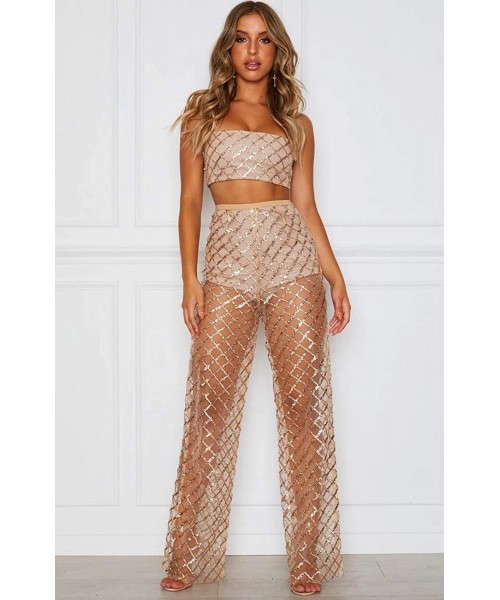 Cover-Ups Women's Perspective Sheer Mesh Ruffle Pants Swimsuit Bikini Bottom Cover up Pants - Z-champagne - C9193ILUDMS