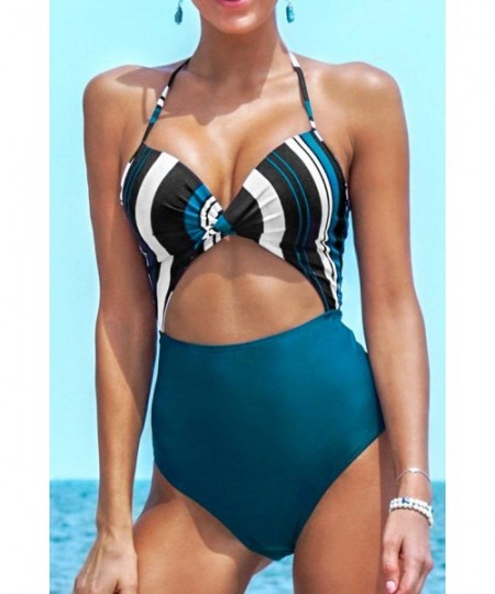 One-Pieces Women's Black Floral Print Halter Cutout High Waist One Piece Swimsuit - Blue Stripe - CK193TSCUCO