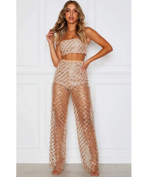 Cover-Ups Women's Perspective Sheer Mesh Ruffle Pants Swimsuit Bikini Bottom Cover up Pants - Z-champagne - C9193ILUDMS