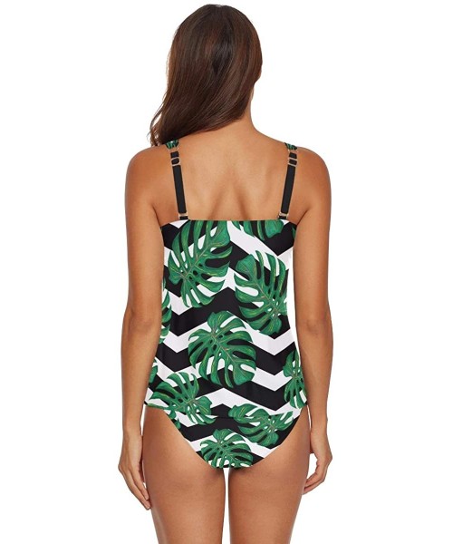 Sets Women 2-Pieces Bikini Sets Tropical Monstera Leaves Chevron Halter Swimsuits Swimwear Beachwear - CB18UD0Z2NO